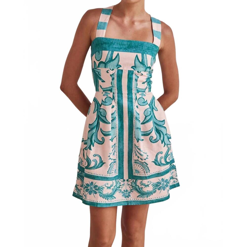 NEW LITTLE TRENDY unique floral printed wide strap pocket mini dress in blue